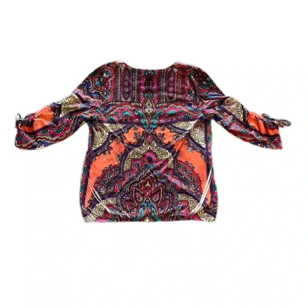Chico’s Multicolor Jeweled Ruched Tie Sleeve Blouse Women’s Size 1 or Medium 8 - Picture 4 of 9